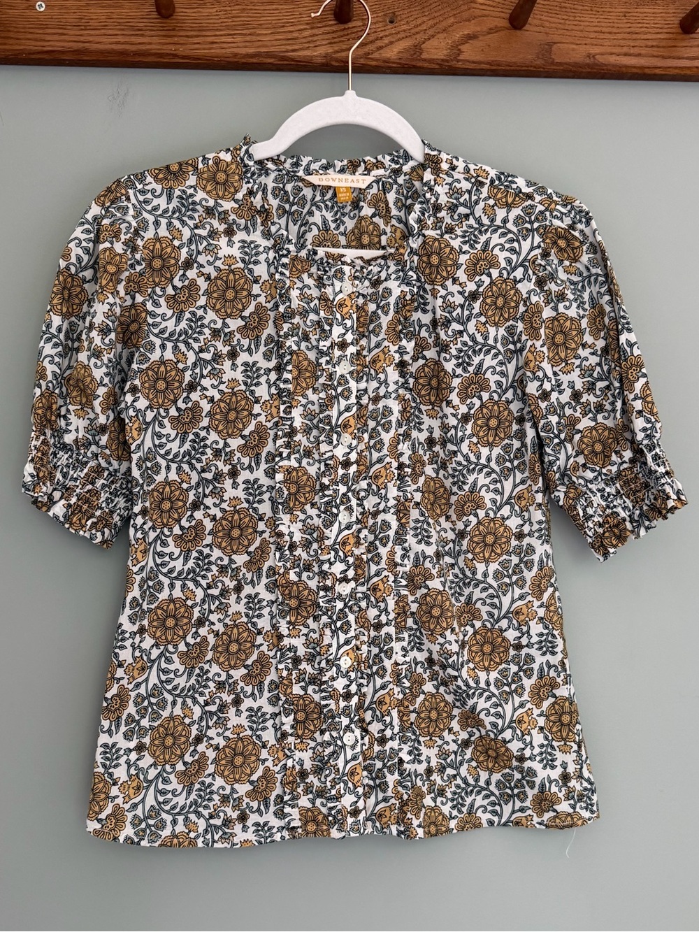 Downeast Boho Floral Print Puff Short Sleeve Button Down Blouse Top Cottagecore - Picture 1 of 12